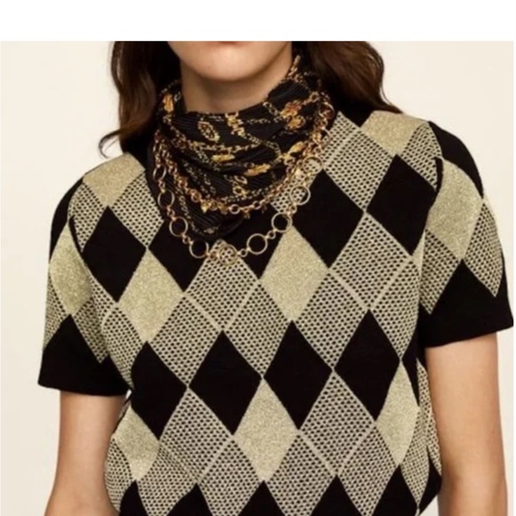 Zara Gold and Black Argyle Sweater, Size Medium - Picture 4 of 10